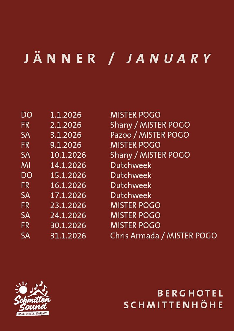 Textplan auf rotem Hintergrund listet Termine für Januar 2026 mit Events von Mister Pogo und Dutchweek, verteilt über Donnerstage bis Samstage.
