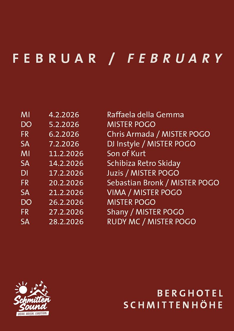 Eine rote Tafel mit einem Veranstaltungsprogramm für Februar 2026. Es enthält Informationen zu Events an verschiedenen Tagen und die dazugehörigen Künstler.