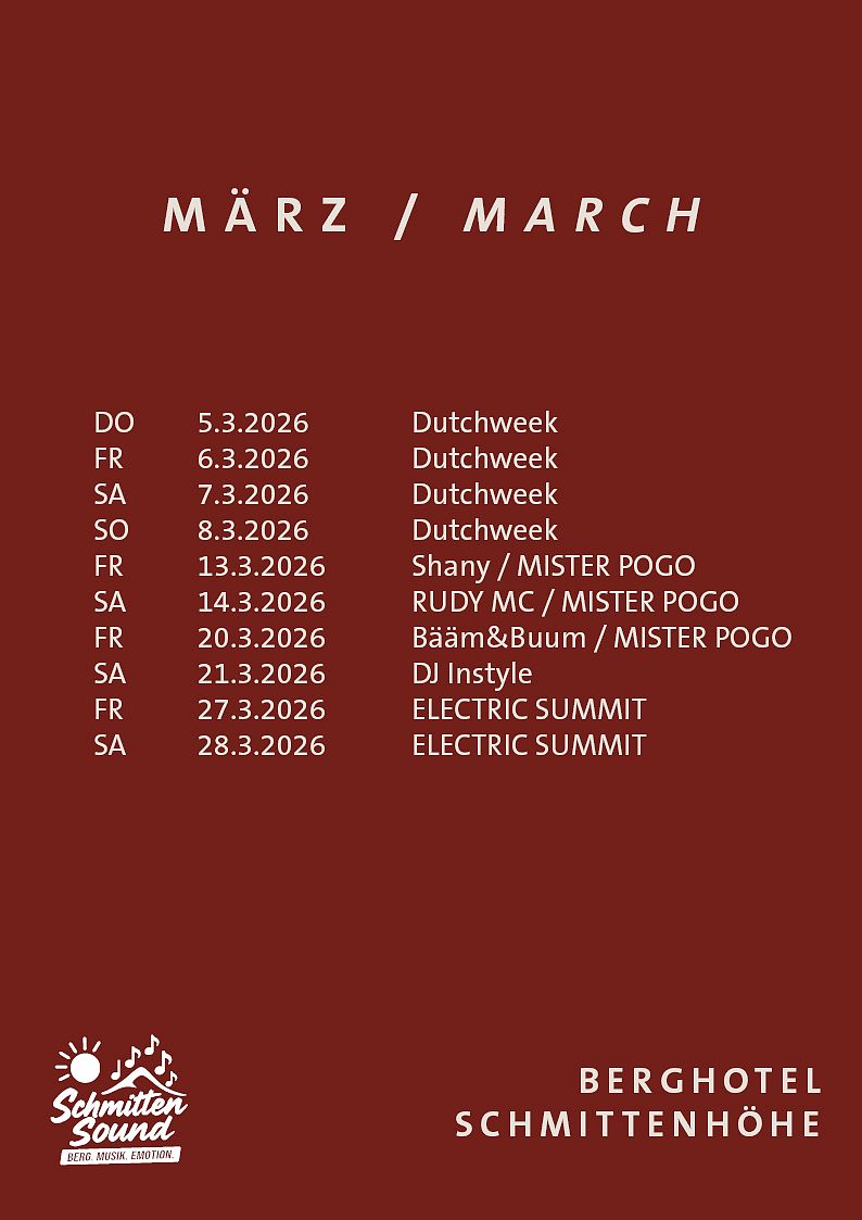 Ein Zeitplan zeigt Veranstaltungen im März 2026: "Dutchweek" an den ersten Tagen, gefolgt von Musik-Events mit DJs wie "Mister Pogo" und "Electric Summit".
